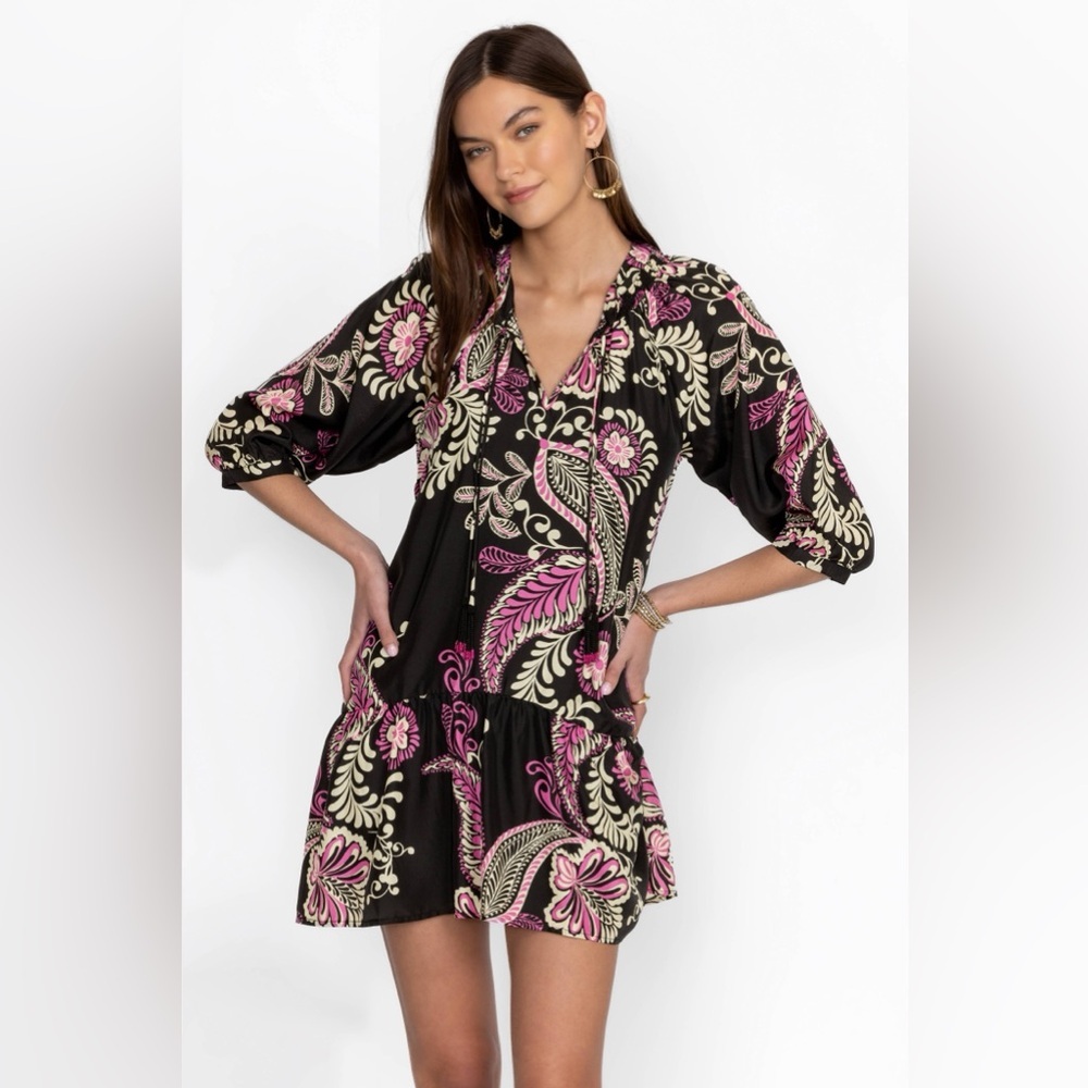 Johnny Was Workshop 100% Silk Floral Paisley Tassel Mini Dress Black Pink XS